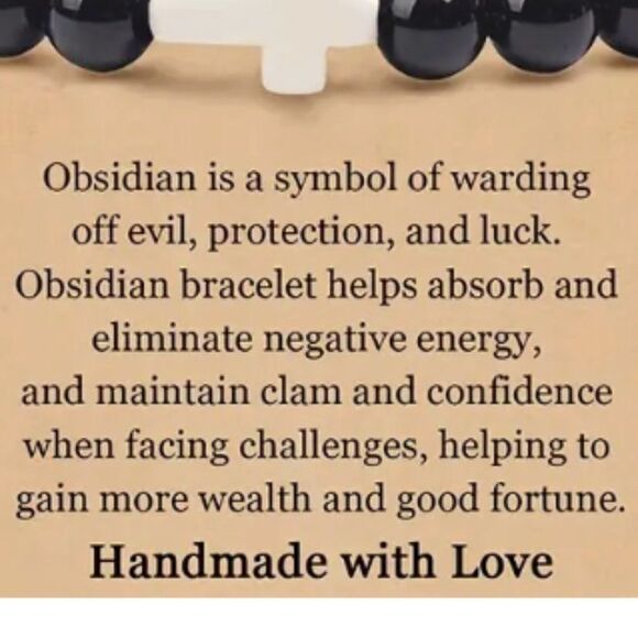 NEW NATURAL STONE CROSS BEAD BRACELET "OBSIDIAN" STRENGTH-CONFIDENCE-PROTECTION - Picture 2 of 3